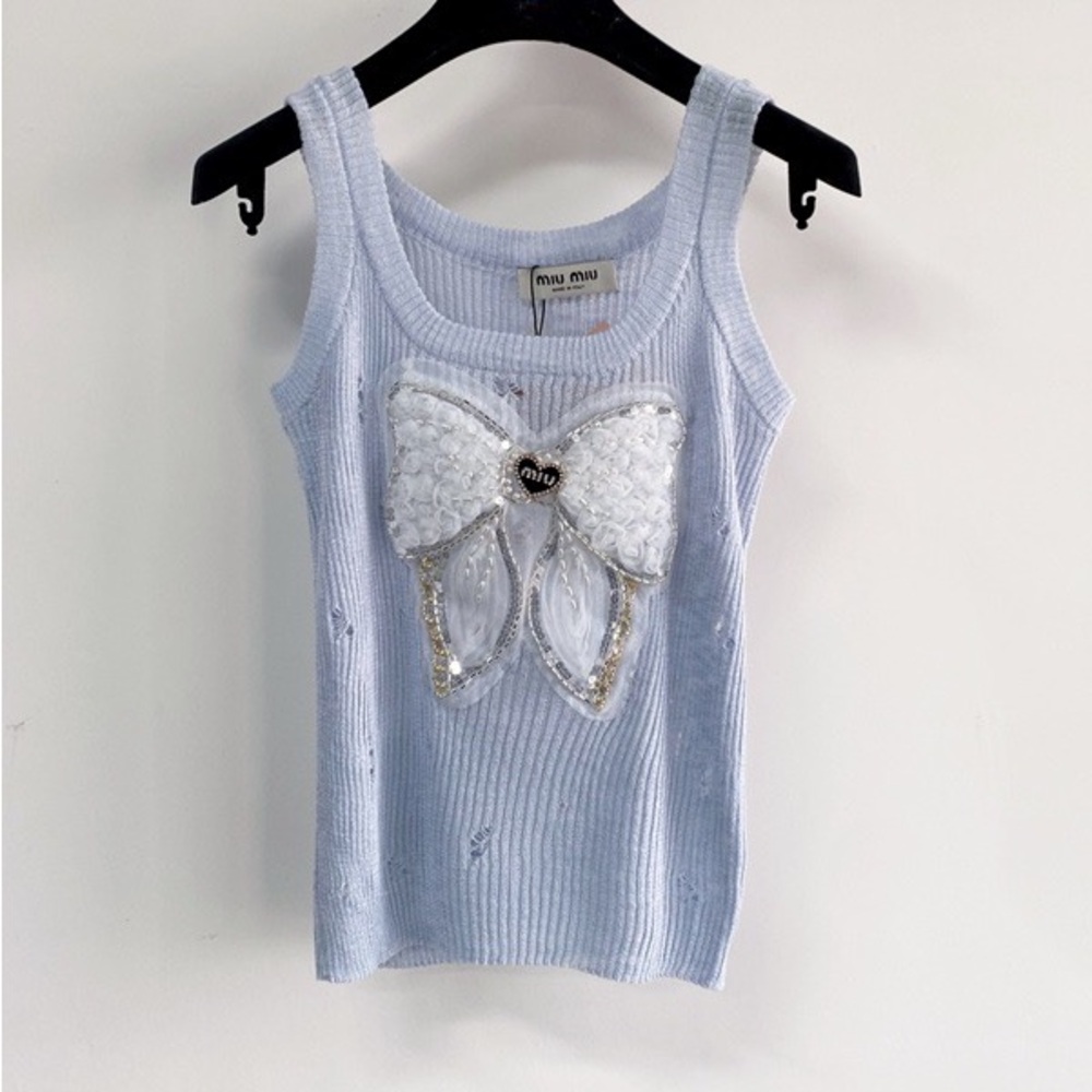 Miu Miu Light Blue Ribbed Tank with Beaded Bow Applique